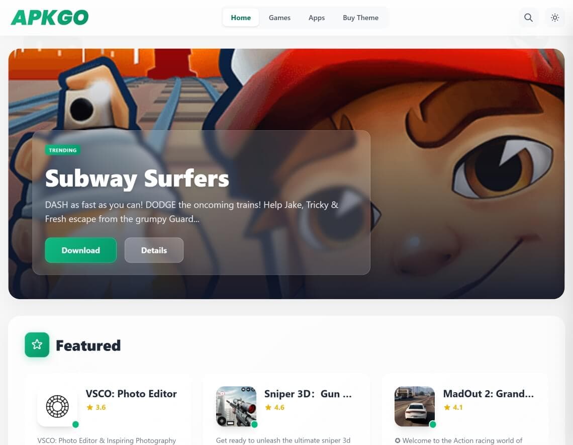 APKGO WordPress theme preview showcasing app store interface
