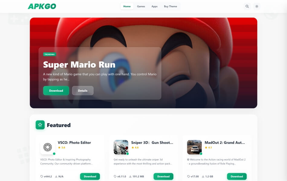 APKGO WordPress theme preview showcasing app store interface